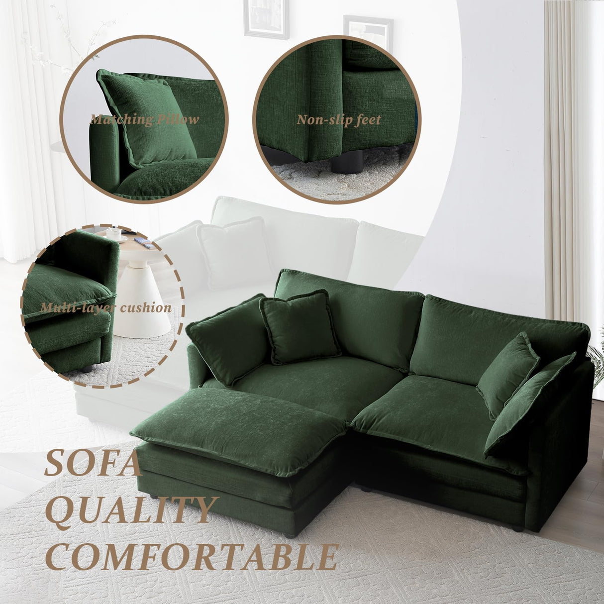 SoarFlash Chenille Sectional Sofa, Comfy L Shaped Modular Coush Sofa with Ottoman, Modern 2 Seat Couch Deep Seat Sofa Set for Living Room,Green SoarFlash