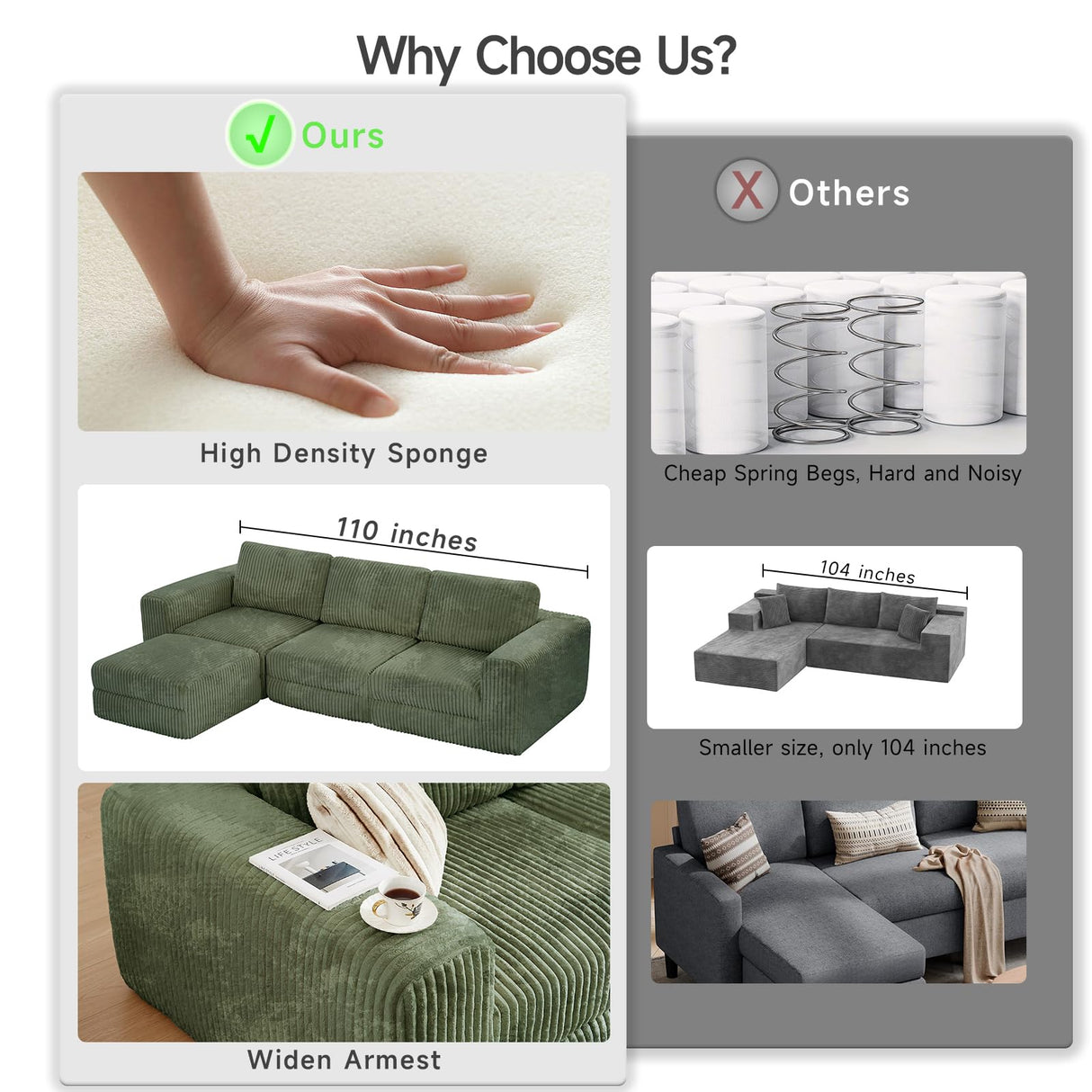 ONBRILL 110" Modular Sectional Sofa, L Shaped Couch 4 Seater with Sleeper Chaise, Sectional Couch with Deep Seat,Upholstered Corduroy Cloud Couches for Living Room,Bedroom,No Assembly Required,Green ONBRILL