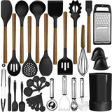 Kitchen Cooking Utensils Set-446°F Heat Resistant Silicone Kitchen Utensils for Cooking-34 Piece Kitchen Set with Natural Acacia Wooden Handles and Holder, BPA FREE for Non-Stick Cookware (Black) BESTZMWK