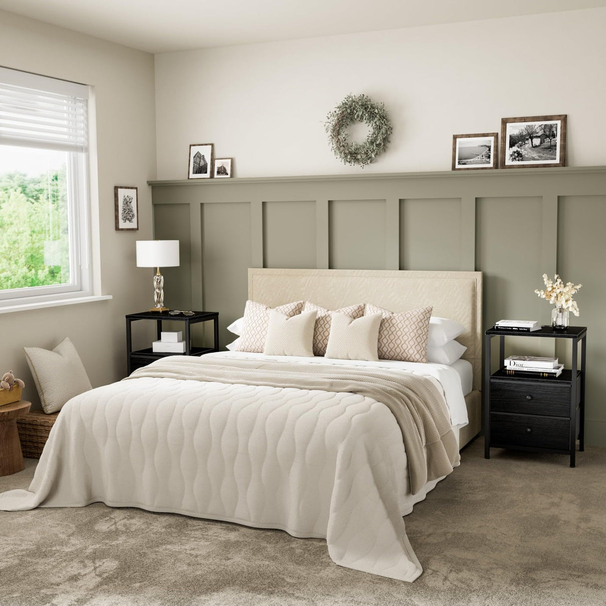 BOLUO Black Nightstand with Charging Station, LED Night Stand with 2 Fabric Drawers, Bedside Table with USB Ports and Outlets, Nightstand for Bedroom Modern BOLUO