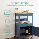 Best Choice Products Rolling Kitchen Island Cart, Single Door Cabinet w/Drawer, Sliding Tray, Hidden Outlet, Hooks, & Lockable Wheels - Slate Blue Best Choice Products
