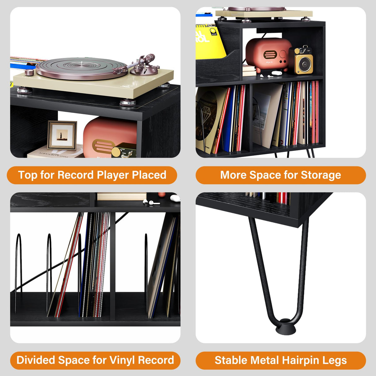 TC-HOMENY Record Player Stand with Vibration-Isolated Turntable Design, Vinyl Record Storage Table with Charging Station, Mid-Century Modern Turntable Stand (Black) TC-HOMENY