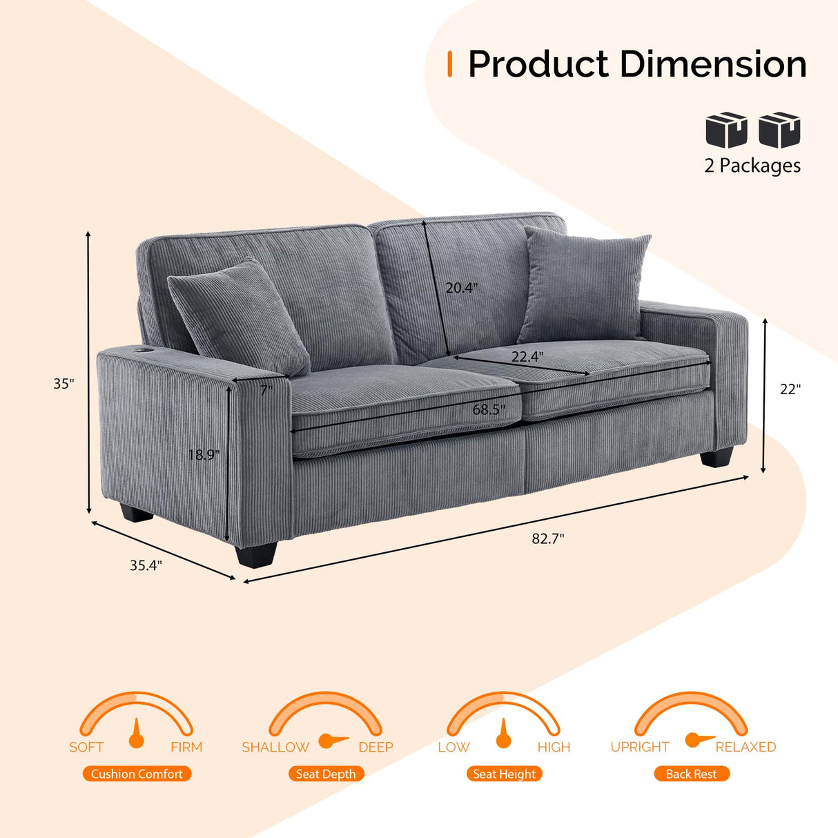VINGLI 83" Modern Loveseat Sofa Couches for Living Room, Dark Gray Cloud Feel Comfy Sofas Deep Seat Couch Corduroy Sofa with Wide Armrest, USB Charging Port, 2 Throw Pillows VINGLI