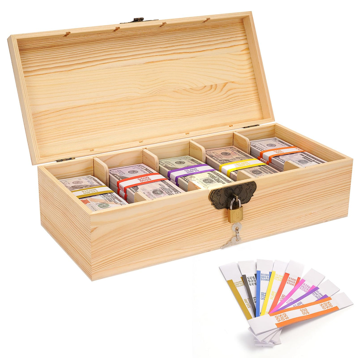 Mczxon Wooden Locking Currency Money Cash Tray with Coin Tray, 5 Compartment Wooden Cash Money Currency Organizer Storage Change Box Case Holder Moneyboxes with Lockable Cover 300 Money Wrappers Mczxon