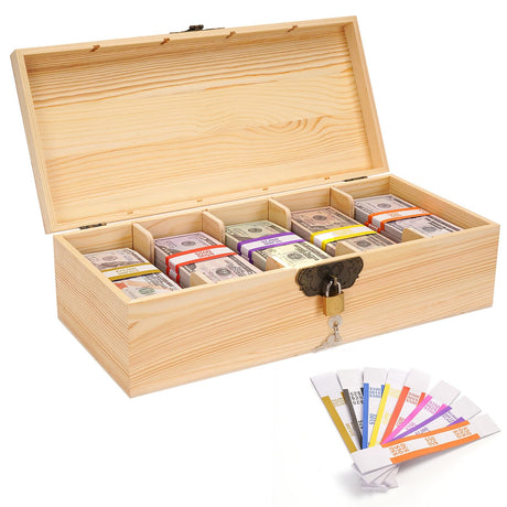 Mczxon Wooden Locking Currency Money Cash Tray with Coin Tray, 5 Compartment Wooden Cash Money Currency Organizer Storage Change Box Case Holder Moneyboxes with Lockable Cover 300 Money Wrappers Mczxon