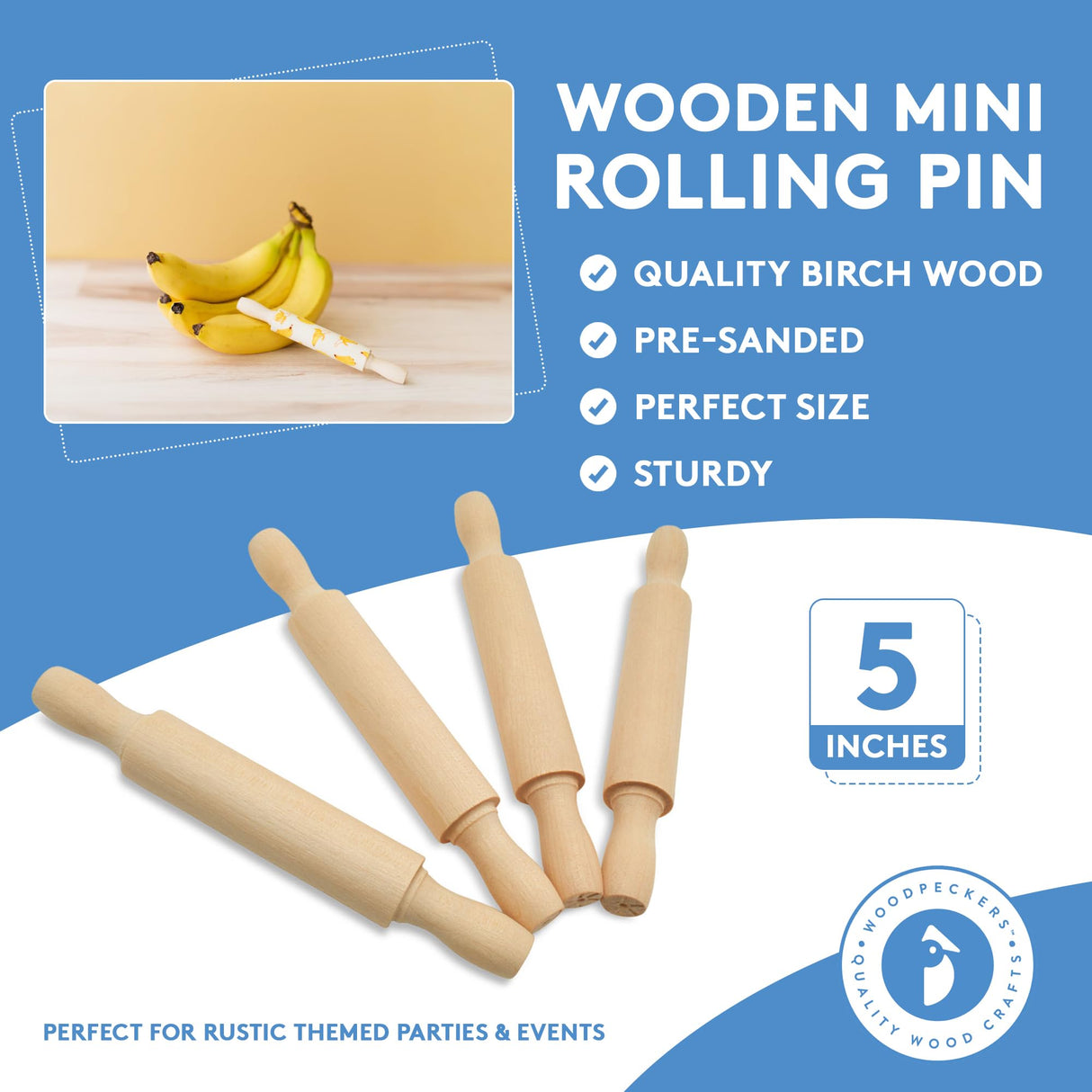 Wooden Mini Rolling Pin, 5 Inches Long, Pack of 6, Great for in The Kitchen, Play-doh, Crafting and Imaginative Play, by Woodpeckers Woodpeckers