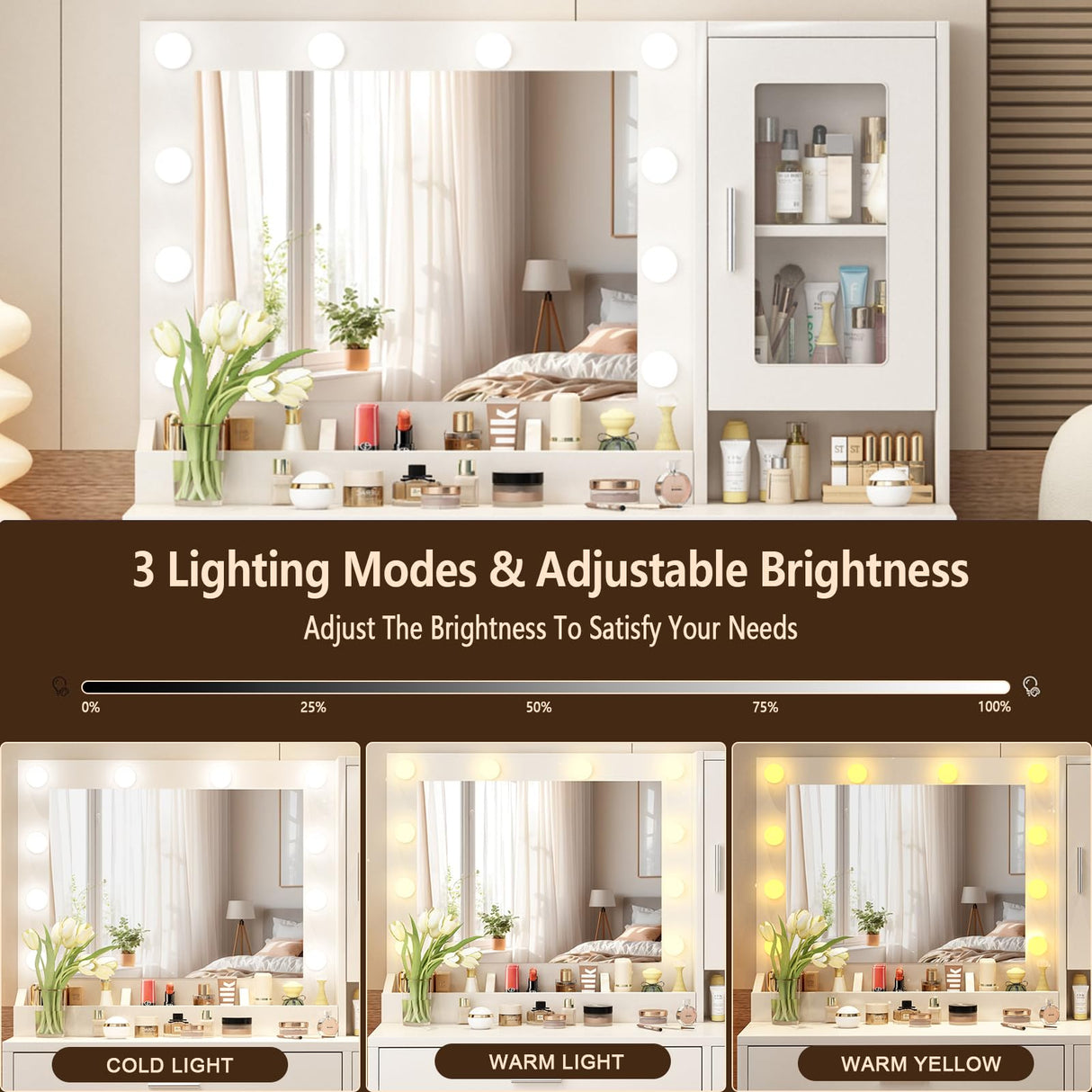 ENDYOE Makeup Vanity Desk Set with LED Lights Mirror Chair, Vanity Table with 7 Storage Shelves and 3 Drawers,3 Lighting Modes Adjustable Brightness Dressing Table for Bedroom,White ENDYOE