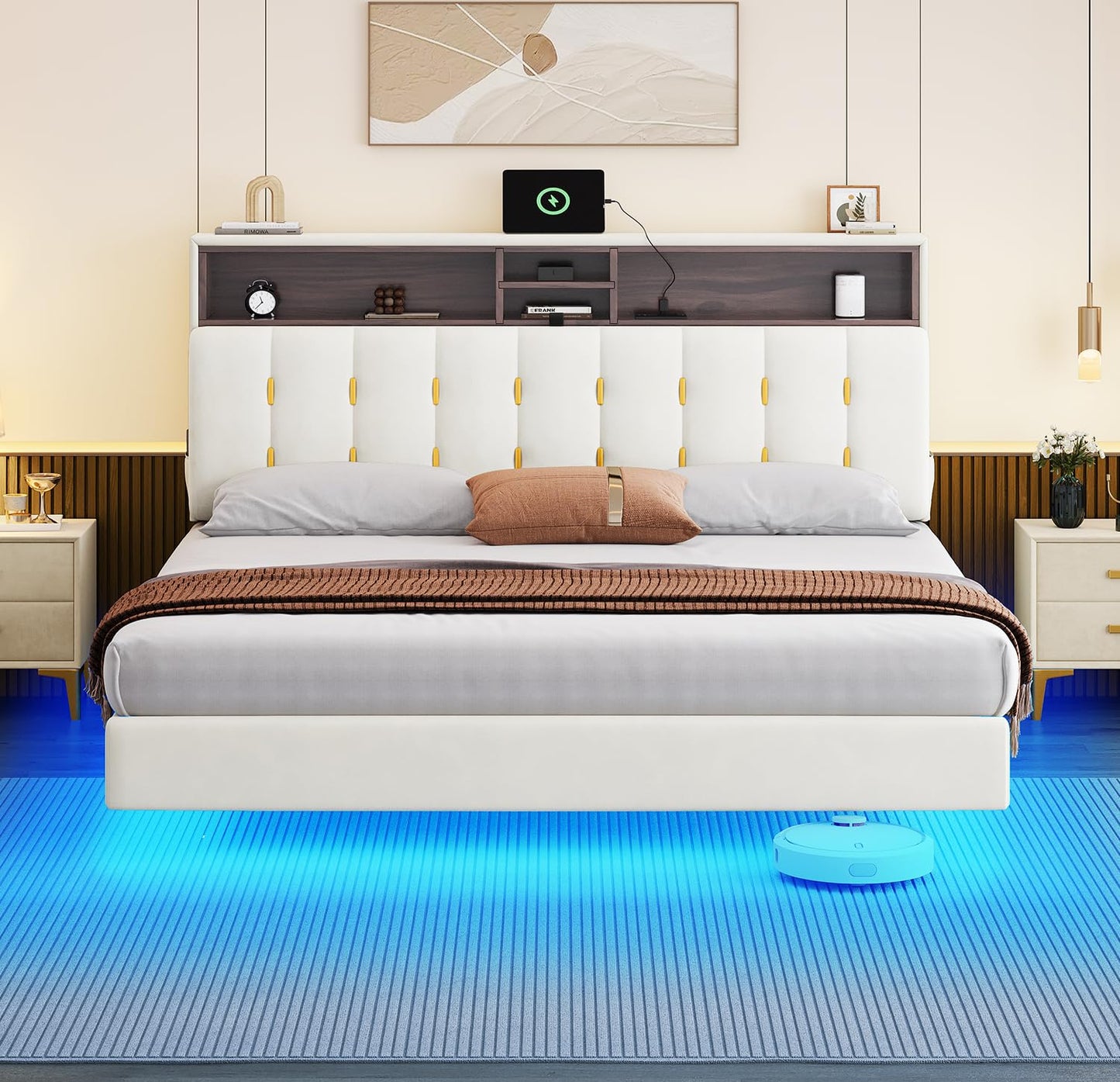 YITAHOME Queen Size Floating Bed Frame,Upholstered Platform Bed with RGB LED Lighting, USB Charging and Headboard Storage,Velvet Platform Bed Frame,Box Spring Not Required - Beige