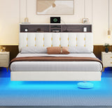 YITAHOME Queen Size Floating Bed Frame,Upholstered Platform Bed with RGB LED Lighting, USB Charging and Headboard Storage,Velvet Platform Bed Frame,Box Spring Not Required - Beige YITAHOME