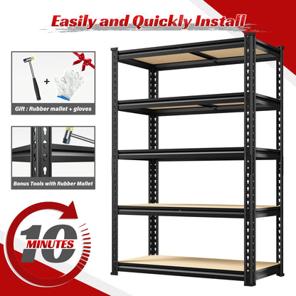 REIBII 5 Tier Storage Shelves 2 Packs Garage Shelving Heavy Duty Load 2000LBS， 60" H x 27.6" W x 11.8" D Adjustable Metal Shelving Unit, Utility Rack Shelf for Basement Pantry Shed Warehouse, Black