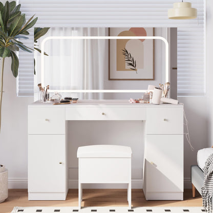 ClouDDwell Makeup Vanity Desk with Large Mirror and LED Lights, 3 Lighting Modes and Power Outlet. Makeup Vanity with 3 drawers,2 Cabinets and chair,Stool with storage,for bedroom, white.