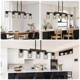 LmnLvn Dining Room Light Fixture/Chandelier Over Table, 36.2-Inch Hanging for Farmhouse Linear Chandeliers,5-Light Kitchen Island Lighting, Black Rustic Wooden Ceiling Chandelier,with Metal lampshade LmnLvn