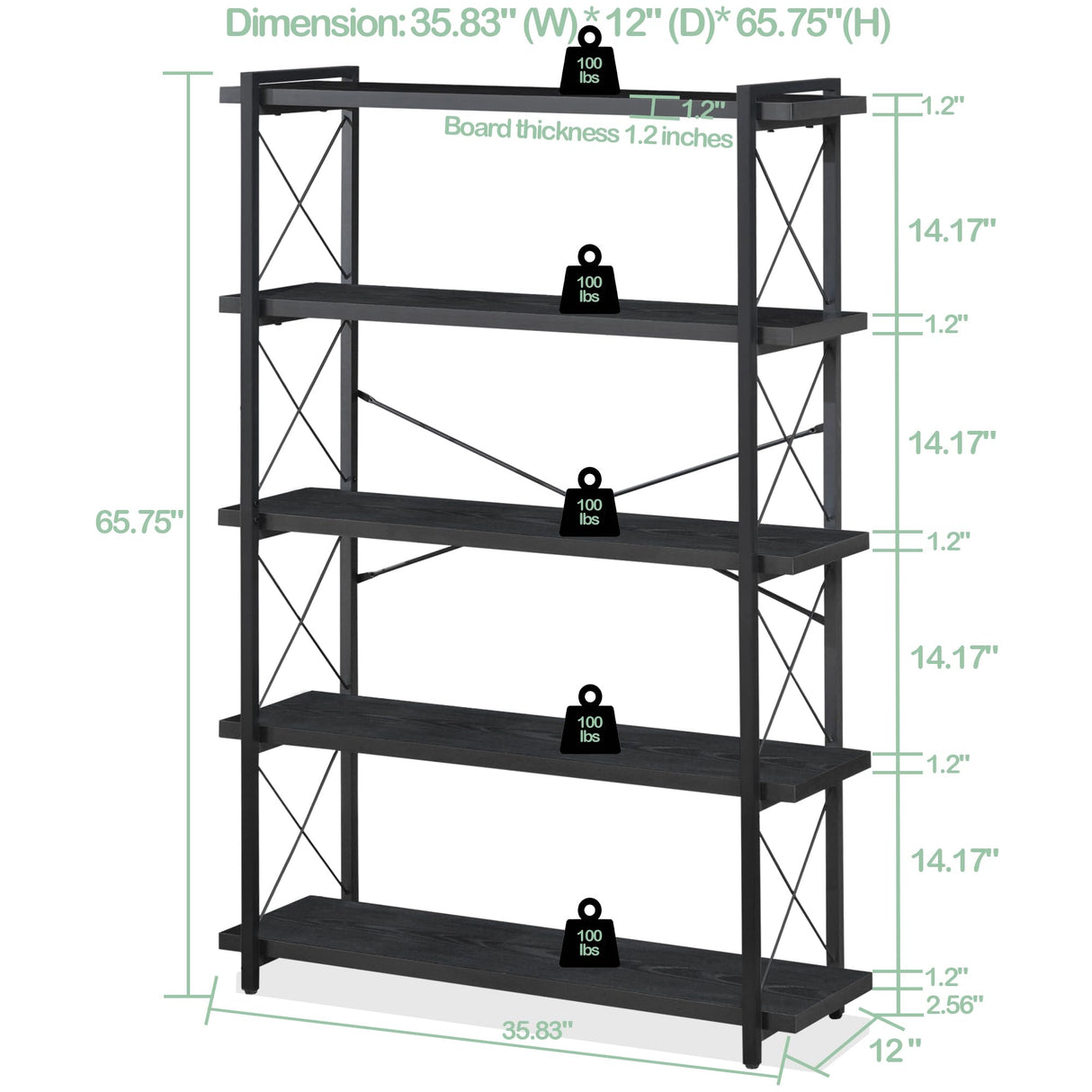 HCHQHS Bookshelf, 5-Tier Industrial Bookcase, Black Open Book Shelf, Freestanding Tall Bookshelves with Metal Frame HCHQHS