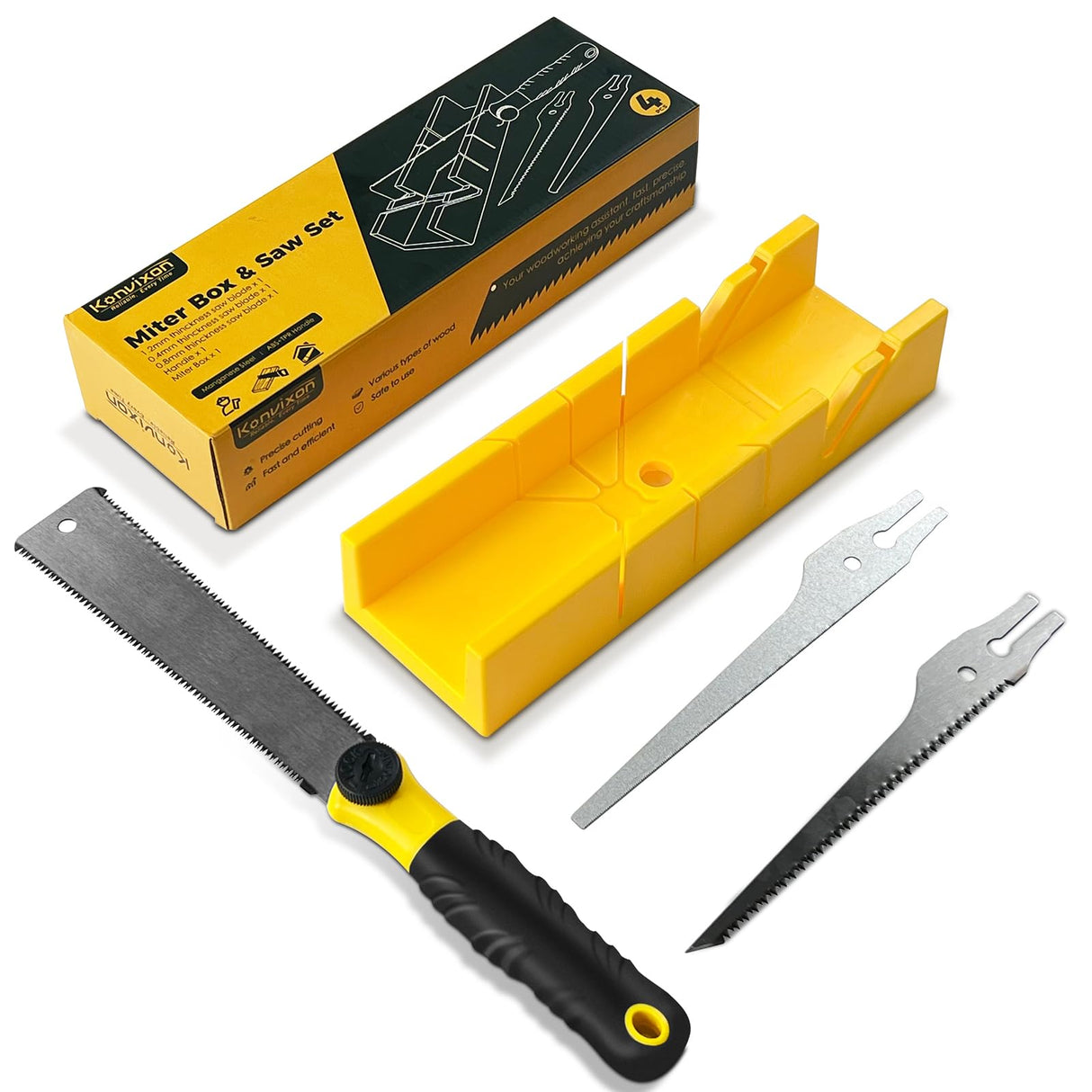Konvixon 4-Piece Miter Box and Saw Set, 12-Inch Mitre Box with 3 Mitre Saws for Precise Miter and Bevel Cuts, Miter Box with Saw Included for Woodworking, Crafting and Carpentry Konvixon