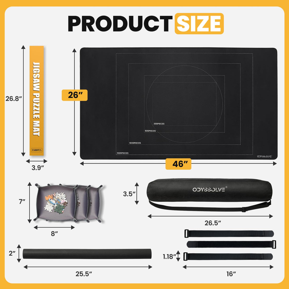 Odyssolve Jigsaw Puzzle Mat Roll Up 1500 Pieces Saver Pad 46" x 26" with 3 Sorting Trays & Travel Storage Bag Portable Non-Slip Rubber Bottom Odyssolve