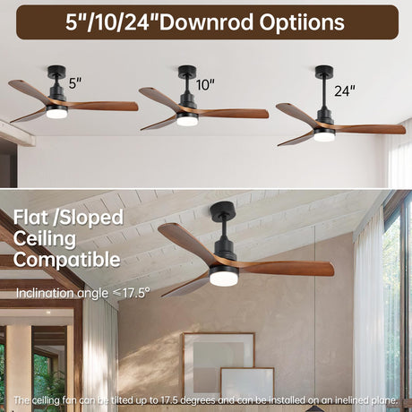 CACI Mall 52" Wood Ceiling Fan with Lights,Walnut,Remote Control, Outdoor，3 Blades, 35w Quiet Reversible DC Motor 18w Dimmable LED 5032 CFM for Living Room, Bedroom, Patio, Porch CACI Mall