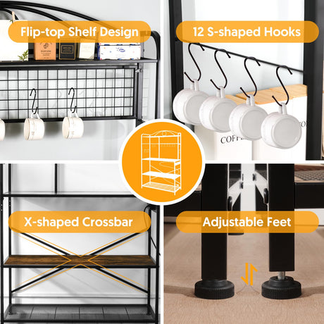 Home Limpidity Large Bakers Rack for Kitchen, 40-inch Wide Coffee Bar Station with Power Outlet, 5 Tier Microwave Stand Storage Shelf with S-Shaped Hooks, Metal Frame with Brown Wood Tabletop Home Limpidity