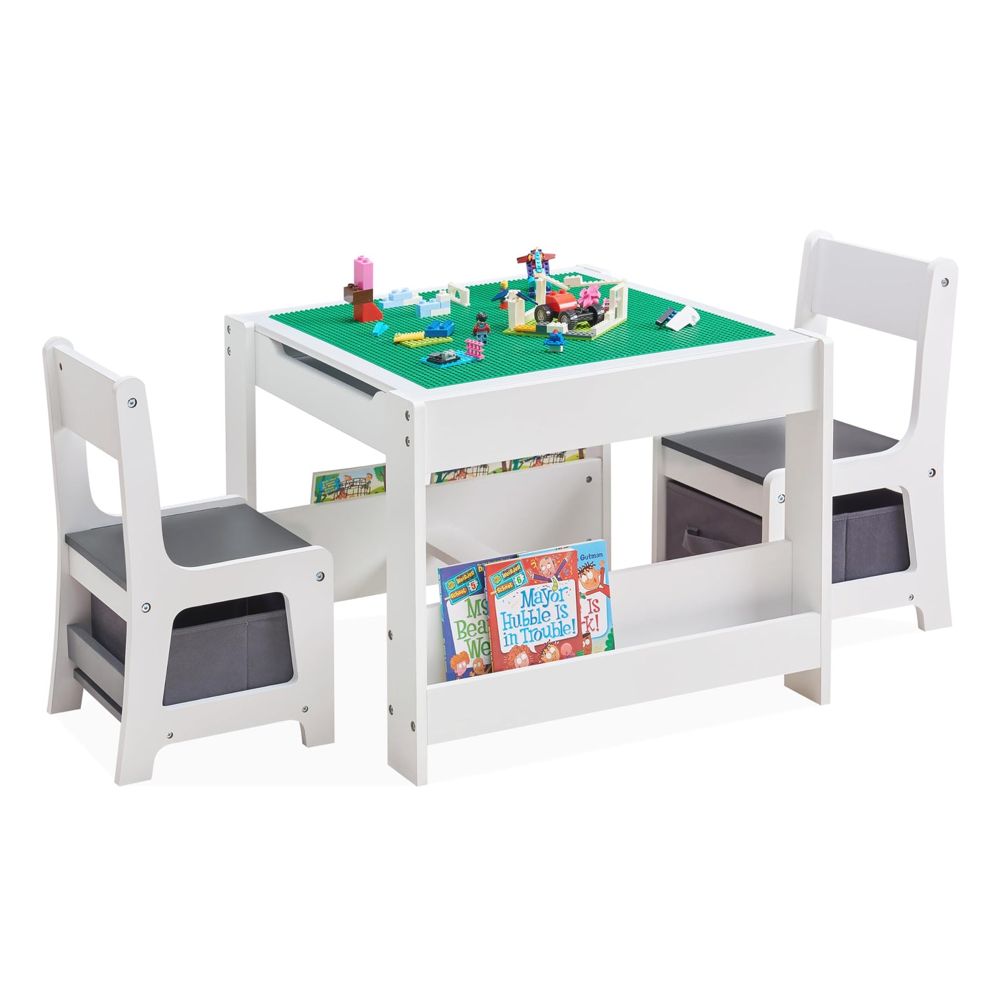 GABHX Kids Table and Chair Set, 3 in 1 Wooden Activity Table with Bookshelves and Storage Drawer, 2 in 1 Detachable Tabletop Construction Play Table Set for Drawing, Reading, Build Blocks - WoodArtSupply