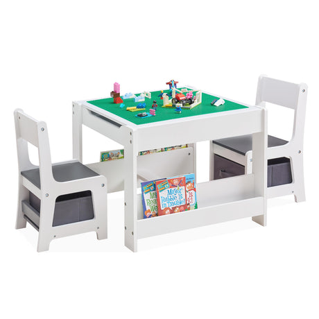 GABHX Kids Table and Chair Set, 3 in 1 Wooden Activity Table with Bookshelves and Storage Drawer, 2 in 1 Detachable Tabletop Construction Play Table Set for Drawing, Reading, Build Blocks GABHX