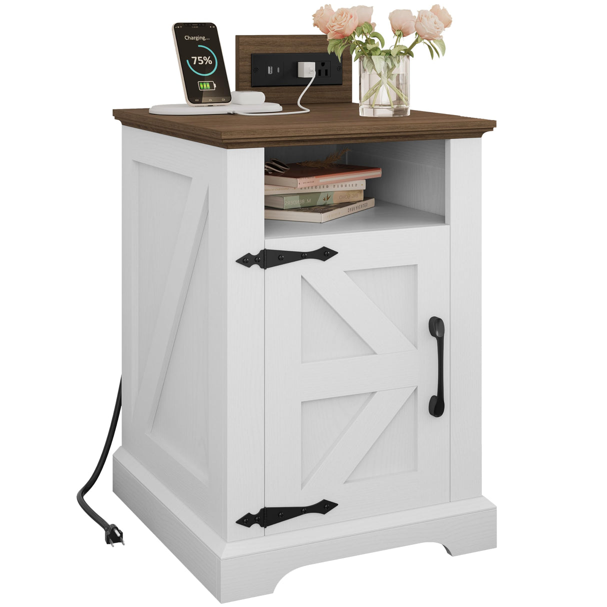 IRONCK Farmhouse Nightstand with Charging Station, Rustic Night Stand with Barn Door and Shelf, Rustic End Table Side Table with Storage for Bedroom, White/Walnut IRONCK