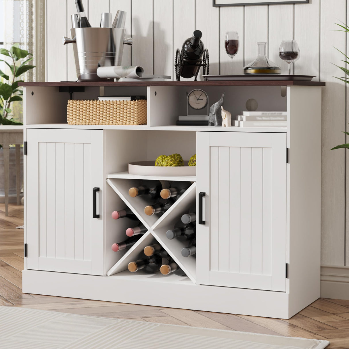 MHOM Farmhouse Coffee Bar Cabinet with Prower Outlets, Rustic Liquor Cabinet with Wine Rack, Wooden Wine Cabinet for Dining Room & Living Room, White MHOM