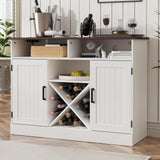 MHOM Farmhouse Coffee Bar Cabinet with Prower Outlets, Rustic Liquor Cabinet with Wine Rack, Wooden Wine Cabinet for Dining Room & Living Room, White MHOM