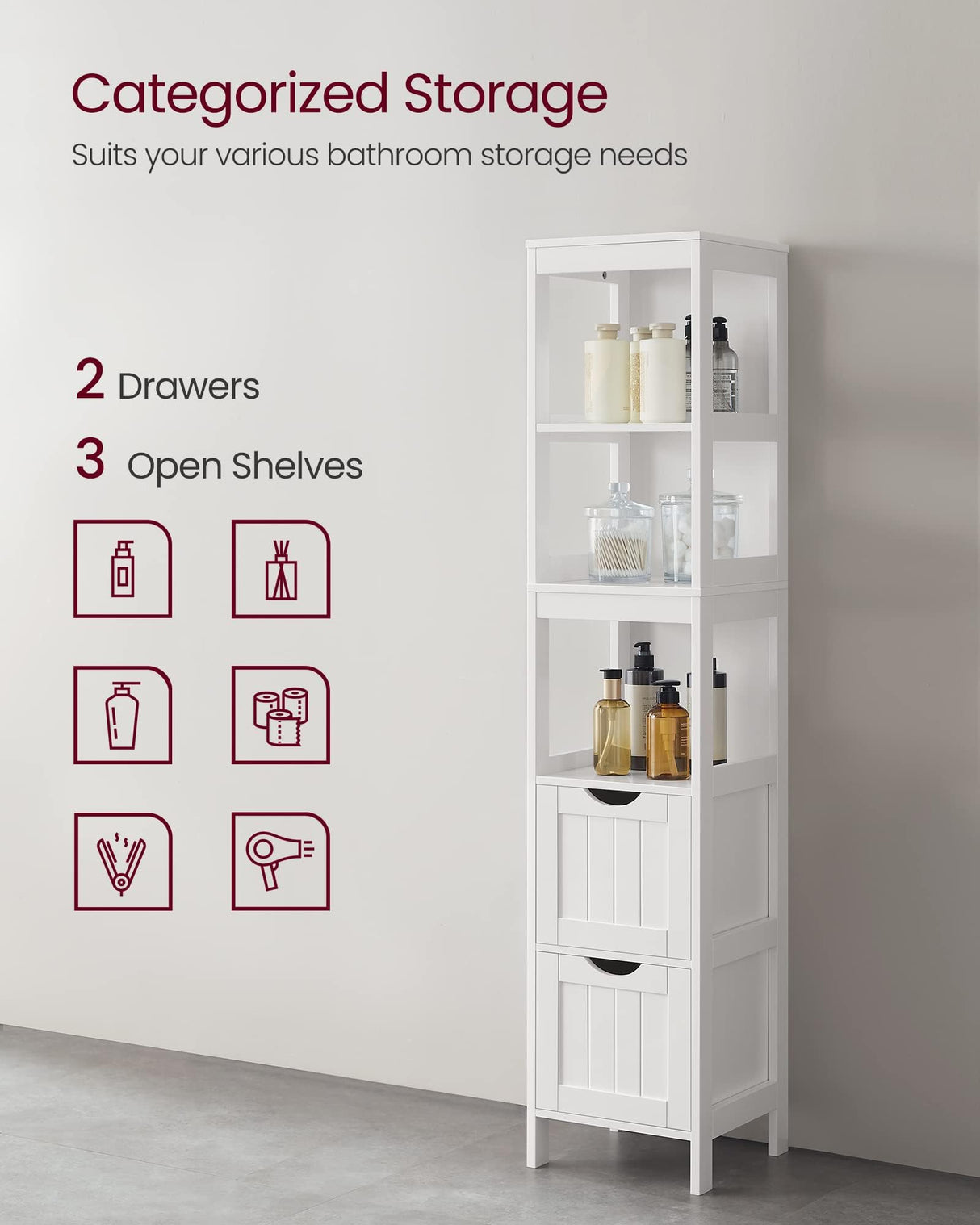 VASAGLE Bathroom Floor Cabinet, Bathroom Storage Organizer Rack Stand, Multifunctional Corner Unit, 2 Drawers, 55.7 Inches in Height, White UBBC66WT VASAGLE