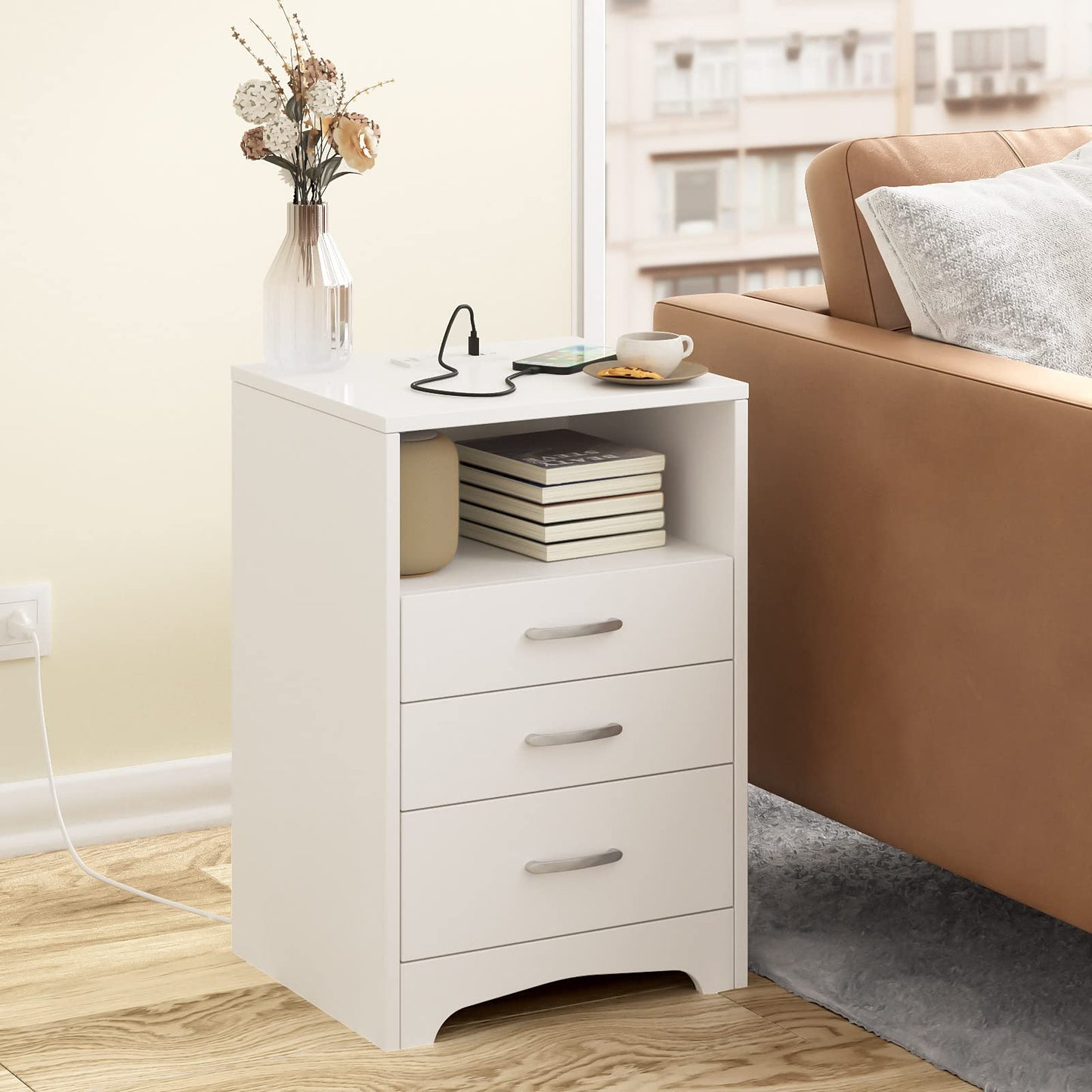 White Nightstand with Charging Station, Modern End Side Table with 3 Drawers, Wooden Cabinet Stand by Sofa, Bedside Tables for Bedroom with USB Ports Outlet & Open Storage