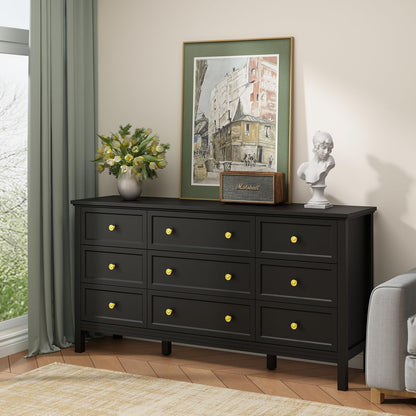 CARPETNAL Black Dresser for Bedroom, 9 Drawer Dresser with Wide Drawers and Gold Metal Handles, 59" White and Gold Dresser TV Stand, Modern Dressers & Chests of Drawers for Hallyway, Entryway.