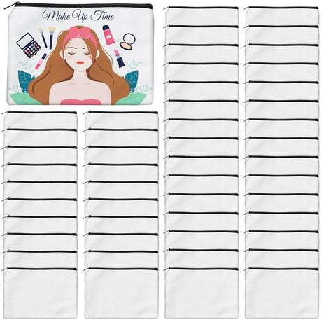 AMDAILY 50Pcs Sublimation Blank Canvas Makeup Bags, Bulk Blank DIY Heat Transfer Cosmetic Makeup Bags w/Black Zipper for Bridesmaid Makeup Bag Travel Toiletry Pouch Storage, Christmas DIY Craft AMDAILY