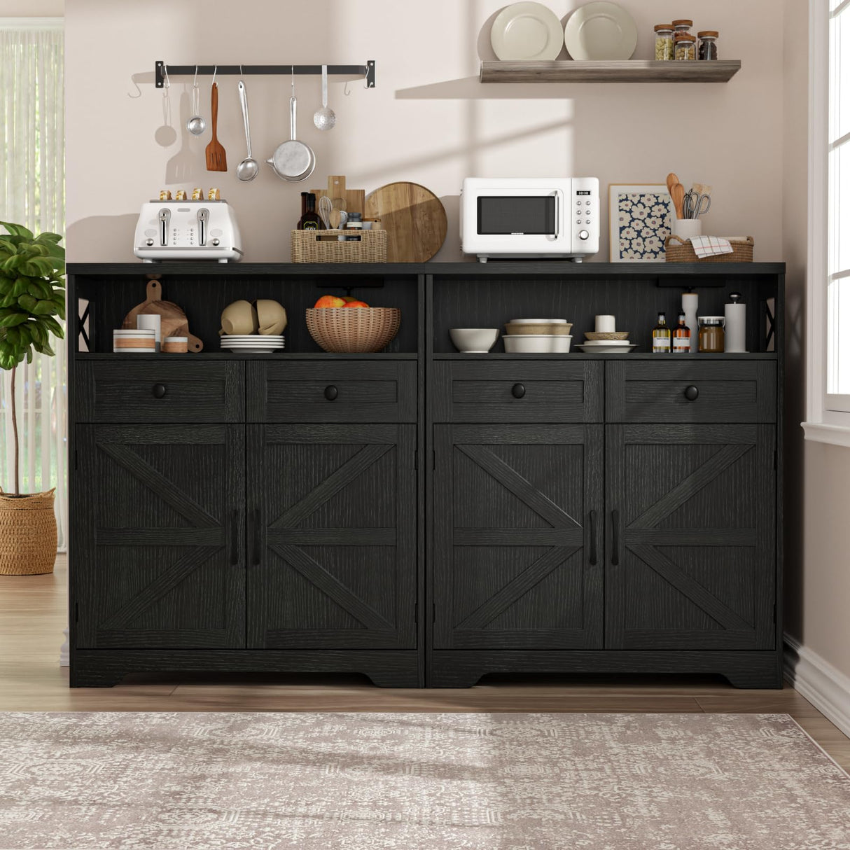 31.5" Black Storage Cabinet with Drawers & Shelf, Farmhouse Sideboard Buffet Cabinet with Storage, Kitchen Pantry Hutch Cabinet, Coffee Bar Cabinet Station Table for Kitchen, Livingroom, Dining Room FiveWillowise