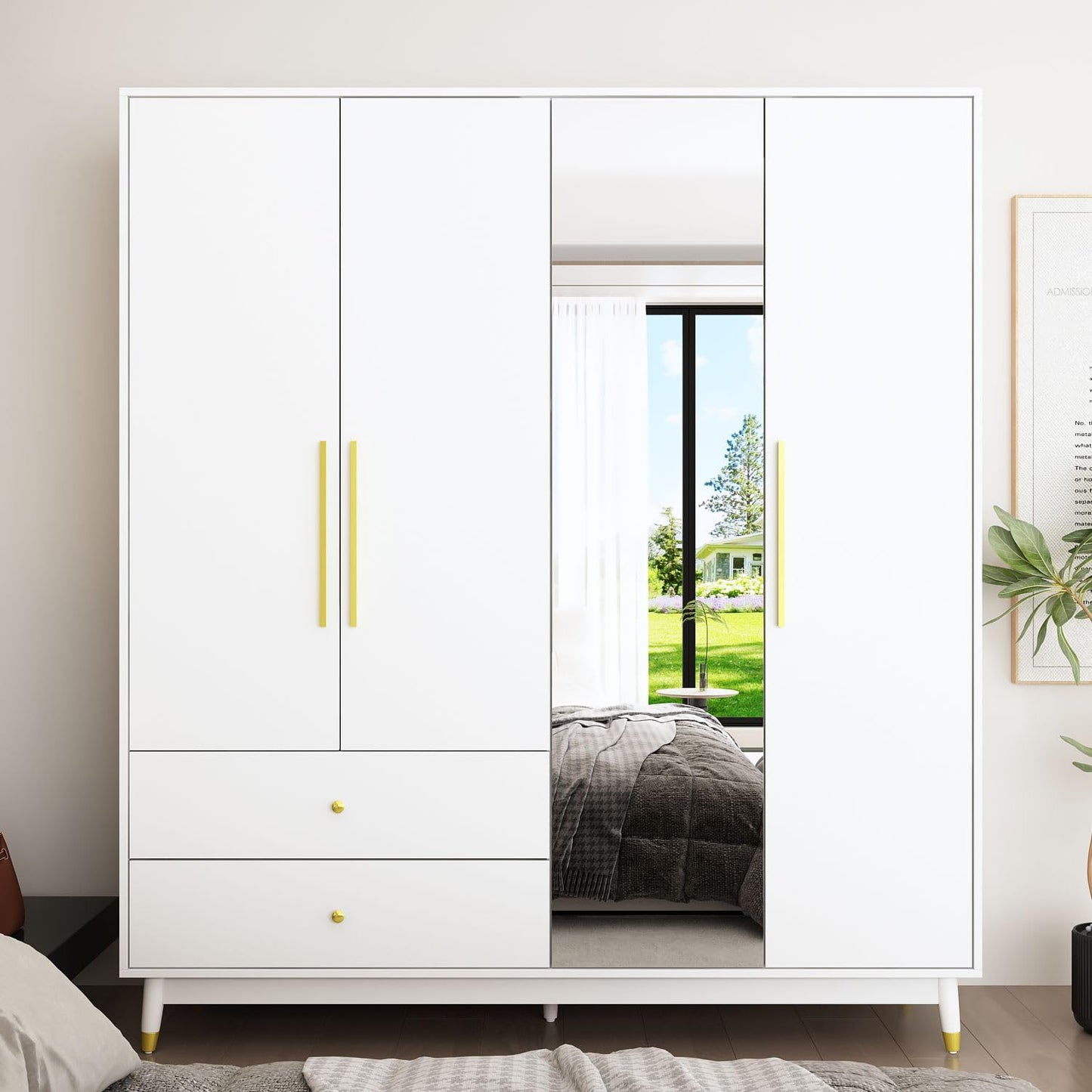 MOUMON 4-Door Wardrobe with Mirror & 2 Drawers, Armoire Wardrobe Closet with 2 Hanging Rods, Armoire Closet with Wooden Legs, Closet for Bedroom White (63”W x 18.9”D x 70.9”H) - WoodArtSupply