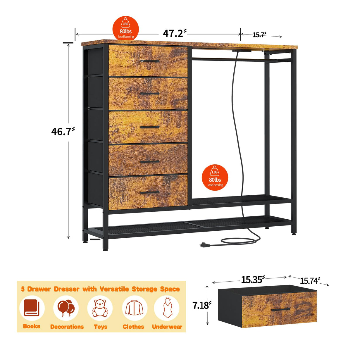 Dresser for Bedroom, Dresser with Hanging Rack Led Lights and Charging Station, Bedroom Dresser with 5 Fabric Chest of Drawers with PU Finish Storage Organizer, for Living Room Kids Room Closet, Brown SOOWERY