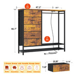 Dresser for Bedroom, Dresser with Hanging Rack Led Lights and Charging Station, Bedroom Dresser with 5 Fabric Chest of Drawers with PU Finish Storage Organizer, for Living Room Kids Room Closet, Brown SOOWERY
