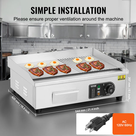 VEVOR Commercial Electric Griddle, 1600W Countertop Half-Flat Top Grill, 22in Stainless Steel Griddle Grill with 2 Shovels and 2 Brushes for Home or Restaurant, 122℉-572℉ Adjustable Temp VEVOR