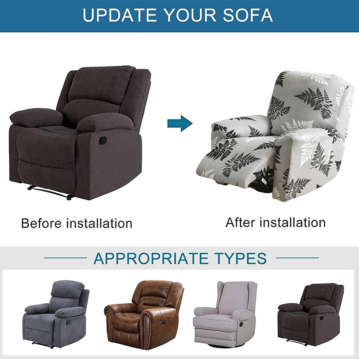 CHNSHOME Recliner Chair Covers, 4-Piece Stretchy Slipcover with Remote Control Pocket, Black and White Leaves Pattern, Traditional Style CHNSHOME