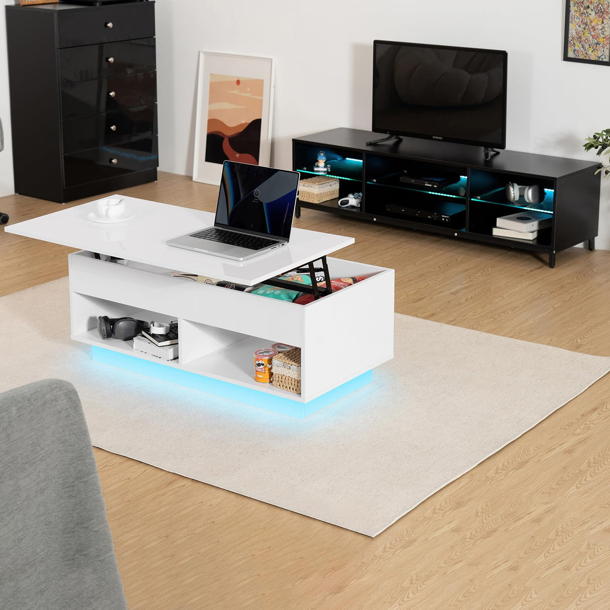 LED Coffee Table for Living Room Lift Top Coffee Tables with Storage Morden High Gloss 4 Tiers White Tea Table Center Tables Sofa Hidden Compartment & 2 Open Shelve HOMMPA