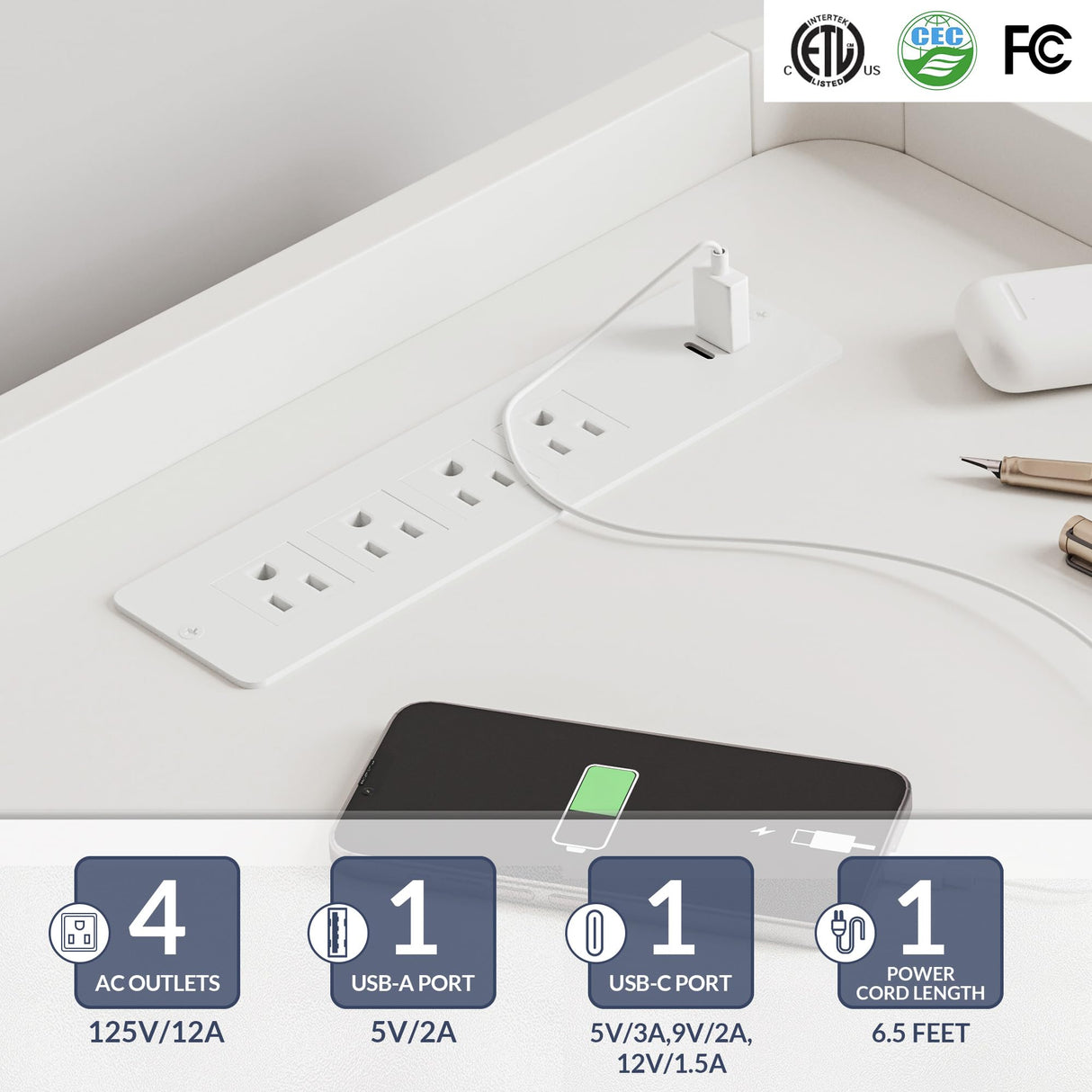 BELLEZE 66" TV Stand for TVs Up to 75", LED Light Entertainment Center with Power Outlet, 4 Drawers and 2-Tier Open Shelves TV Cabinet, TV Console for Living Room, Bedroom - Corrigan (White) BELLEZE