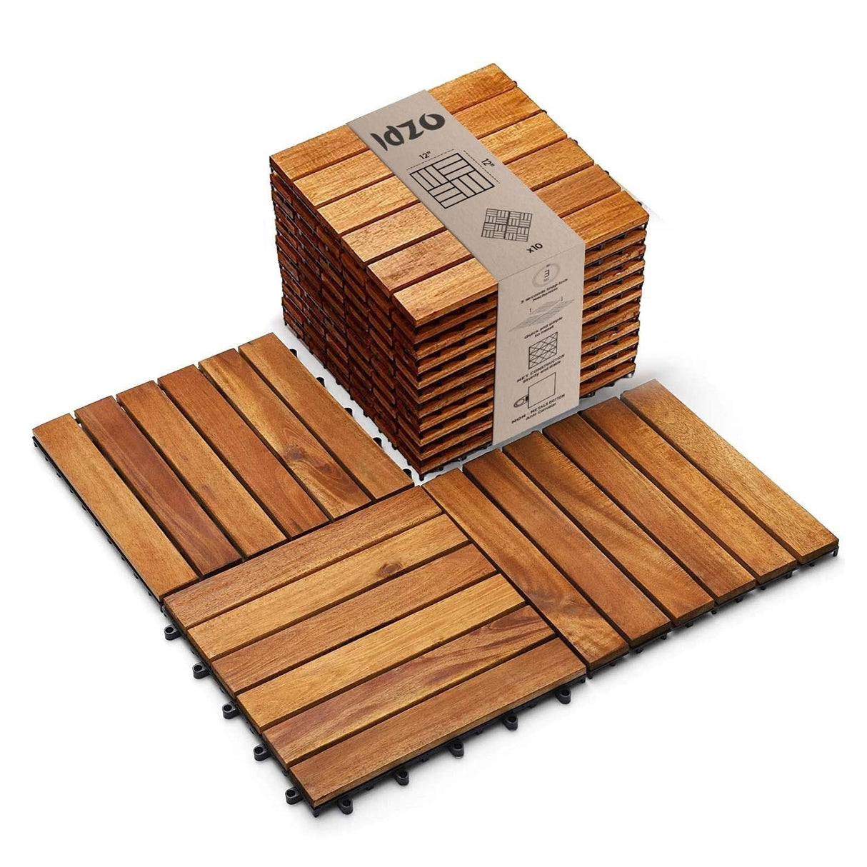 Idzo Interlocking Deck Tiles - 10PCS Waterproof Acacia Wood Patio Tiles, Flooring Tiles for Both Indoor and Outdoor - Decking Stripe Pattern, Golden Teak, 12 x 12 x 0.9 inches IDZO