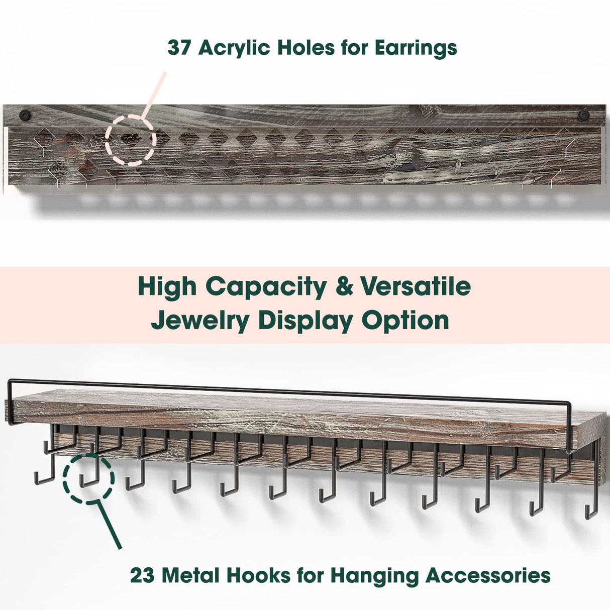 J JACKCUBE DESIGN Wall Mount Necklace Holder Jewelry Hanger with 23 Hook Necklace & Bracelet Racks, Rustic Farmhouse Wood Earring Display with Clear Acrylic - MK585A J JACKCUBE DESIGN