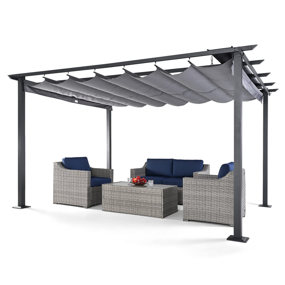 HAPPATIO 10' X 13' Outdoor Retractable Pergola Canopy for Deck, Backyard, Patio, Aluminum Pergola with Sun Canopy, Includes Ground Studs and Expansion Screws (Grey) HAPPATIO