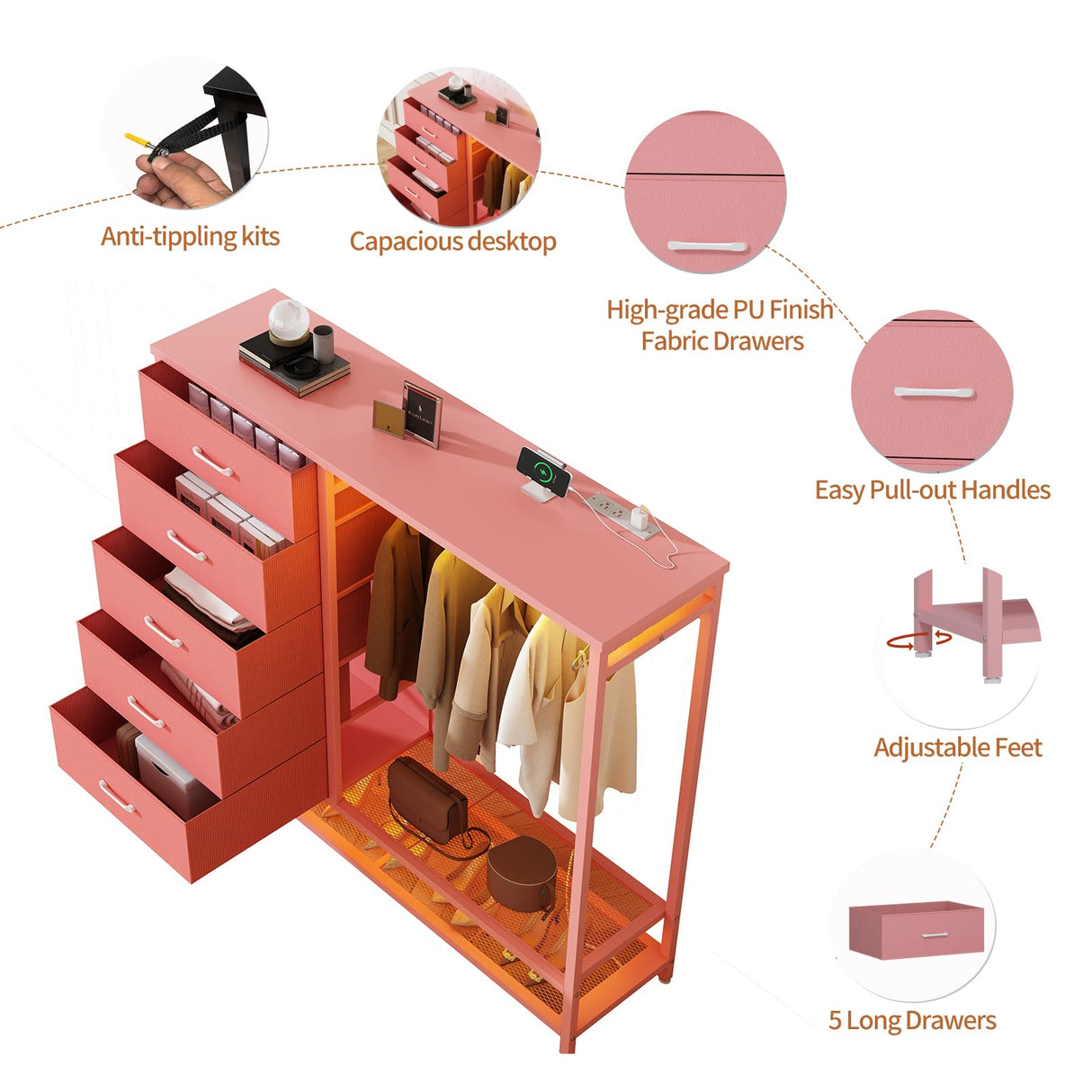 Dresser for Bedroom, Dresser with Hanging Rack Led Lights and Charging Station, Tall Dresser with 5 Fabric Chest of Drawers with PU Finish Storage Organizer, for Living Room Kids Room Closet, Pink SOOWERY
