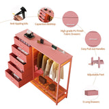 Dresser for Bedroom, Dresser with Hanging Rack Led Lights and Charging Station, Tall Dresser with 5 Fabric Chest of Drawers with PU Finish Storage Organizer, for Living Room Kids Room Closet, Pink SOOWERY