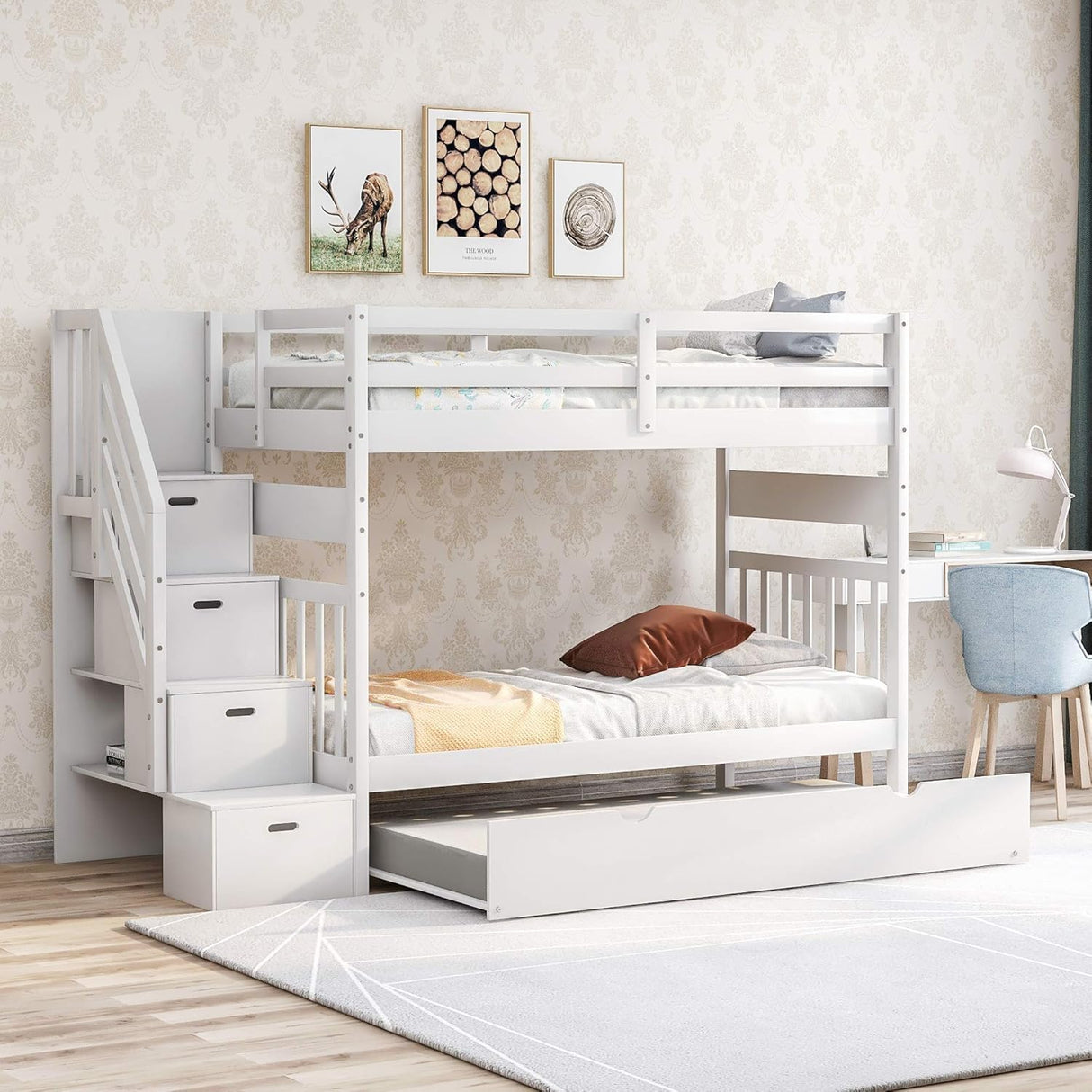 MERITLINE Twin Over Twin/Full Convertible Bunk Bed with Twin Trundle, Storage Stairs and Drawers,Solid Wood Detachable Bunk Bed with Storage Shelves for Adults,No Box Spring Needed (White) MERITLINE