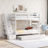 MERITLINE Twin Over Twin/Full Convertible Bunk Bed with Twin Trundle, Storage Stairs and Drawers,Solid Wood Detachable Bunk Bed with Storage Shelves for Adults,No Box Spring Needed (White) MERITLINE