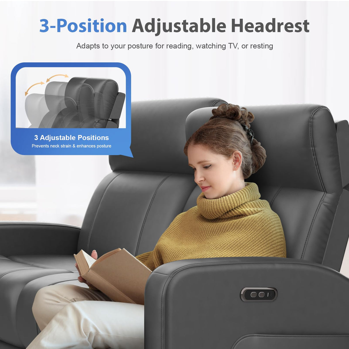 Duitrc Power Loveseat Recliner Sofa, Electric Reclining Loveseat with Adjustable Headrest, Extended Footrest, USB Type-C Ports, Grey PU Leather 2 Seater Reclining Couch for Living Room, RV, Office Duitrc