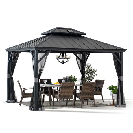 Sunjoy Hardtop Gazebo 10 x 12 ft. Outdoor Patio Aluminum Frame Gazebo with Solar Panel, 2-Tier Steel Hardtop Backyard Gazebo with Netting and Ceiling Hook, Black Sunjoy