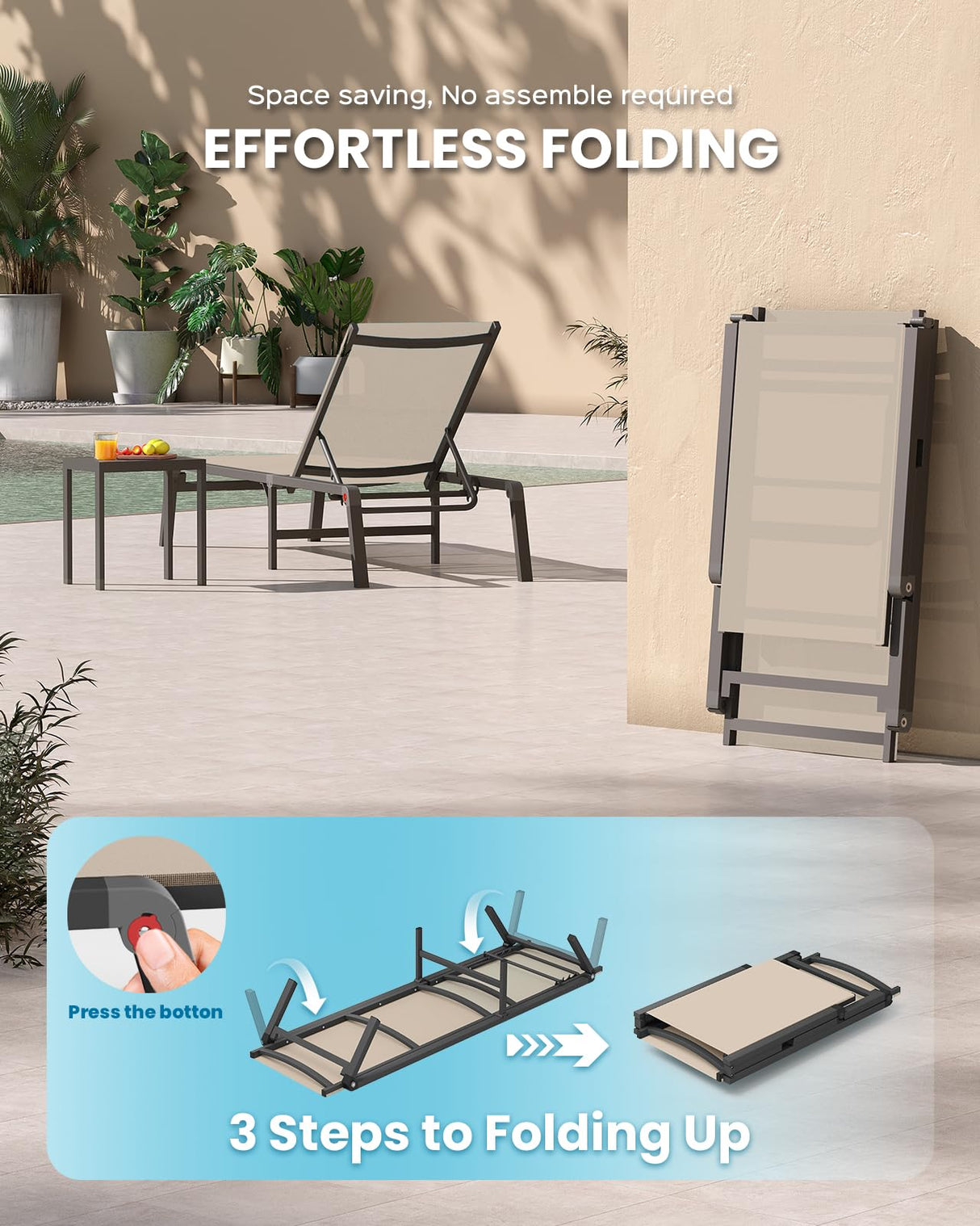 Vexwalx Chaise Lounge Outdoor, Foldable Aluminum Pool Lounge Chairs with 5 Positions Recliner - Free Assembly - Patio Chaise Lounge Chair for Poolside, Beach, Yard (Khaki) Vexwalx