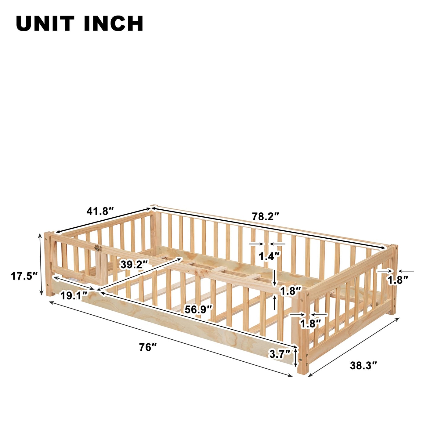 i-POOK Natural Twin Floor Bed Frame for Children with Safety Fence & Door - WoodArtSupply