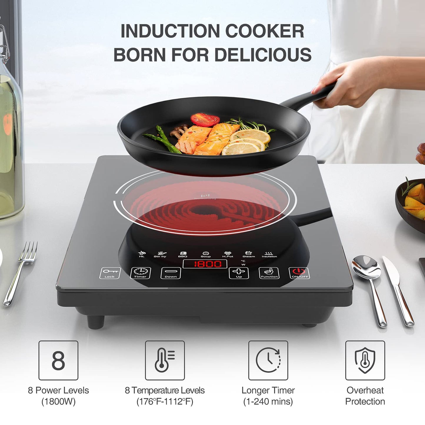 Electric Cooktop, Portable Electric Cooktop 1800W Single Burner Stove with LED Touch Screen, 8 Power & 8 Temperature Levels, Timer, Microcrystalline Panel,120V Energy Saving Hot Plate for Home Camping